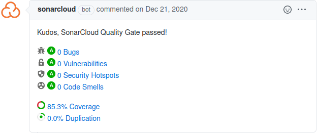 Screenshot of a SonarCloud report to a pull request page.