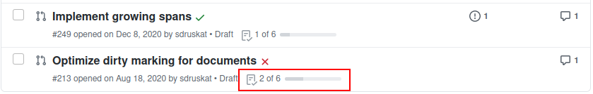 The completion progress of the checklist for a pull request is also reported on the repository page listing all pull requests.