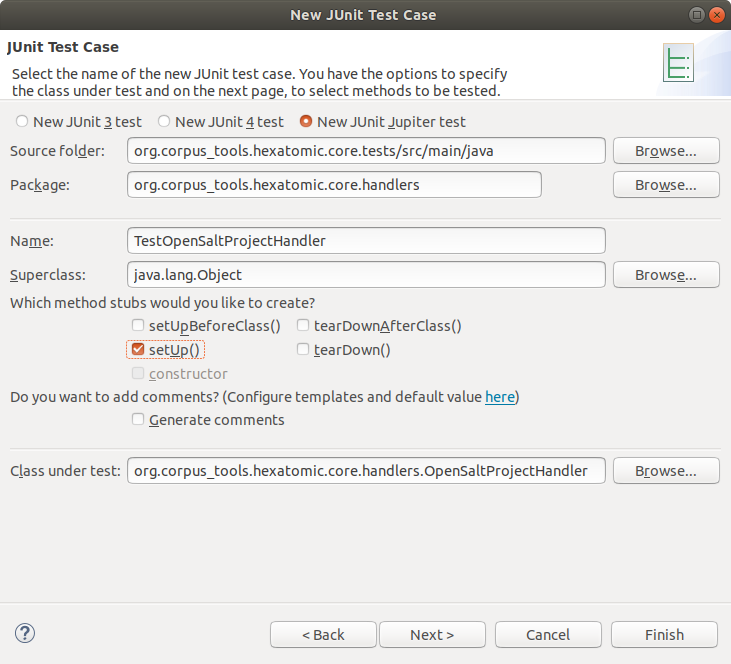 New JUnit Test Case properties