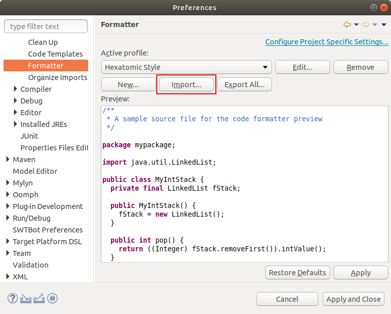 Importing the Hexatomic Style formatting configuration file