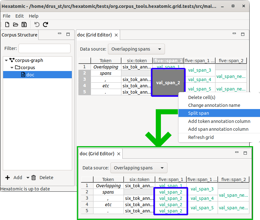 Edited screenshots showing a selected multi-cell span with activated Split span menu, and the result of the span operation at the tip of the arrow.