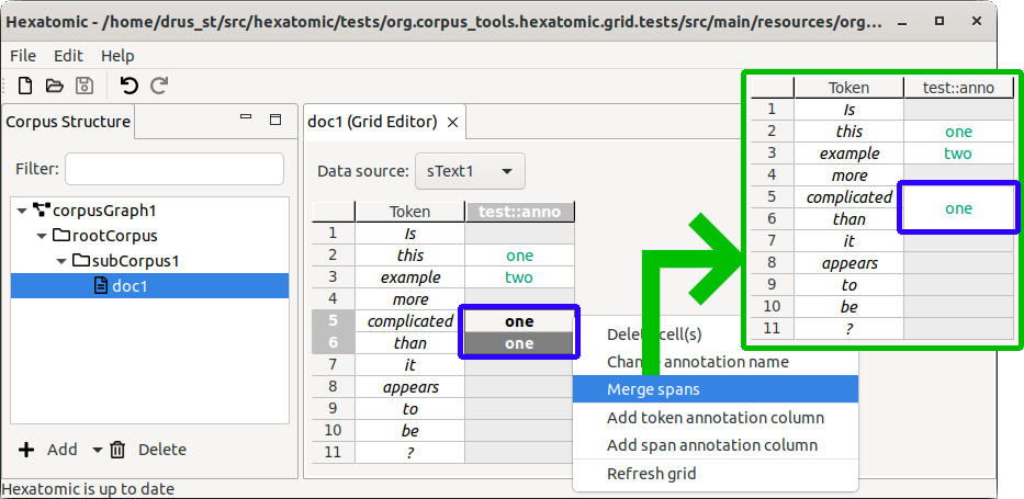 Edited screenshots showing two selected span cells with the same annotation value with activated Merge spans menu, and the result of the span operation at the tip of the arrow.