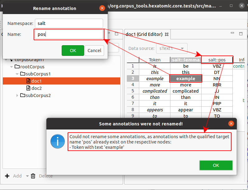 Edited screenshot of Hexatomic showing what happens when you try to rename an annotation, and an annotation with the new name already exists on the node.