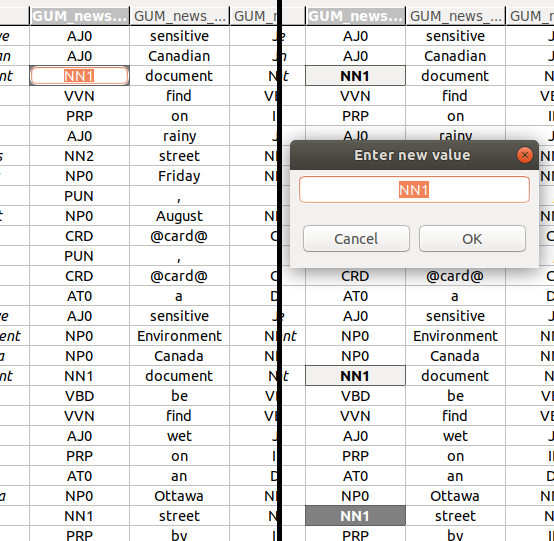 Screenshot showing an activated cell editor (left), and an active multi-cell editor window (right).