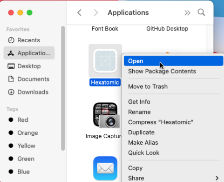 Open Hexatomic from the context menu on macOS