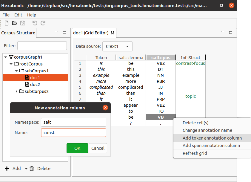 Screenshot of Hexatomic showing the context menu and dialog for adding new annotation columns.
