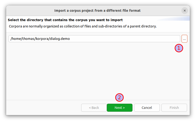 Select a corpus folder in the import wizard