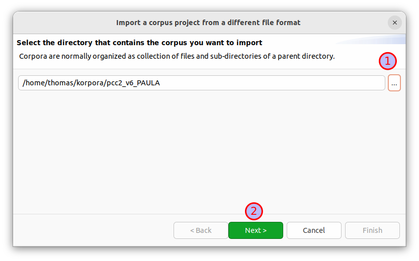 Select a corpus folder in the import wizard